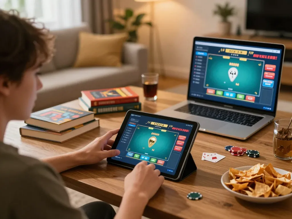 Dafabet player engaged in online poker gaming with tablet and strategy notes in cozy atmosphere