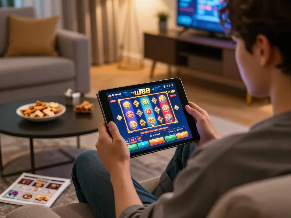 Engaging online gaming experience at uu88 with player focused on tablet, highlighting strategic gameplay.