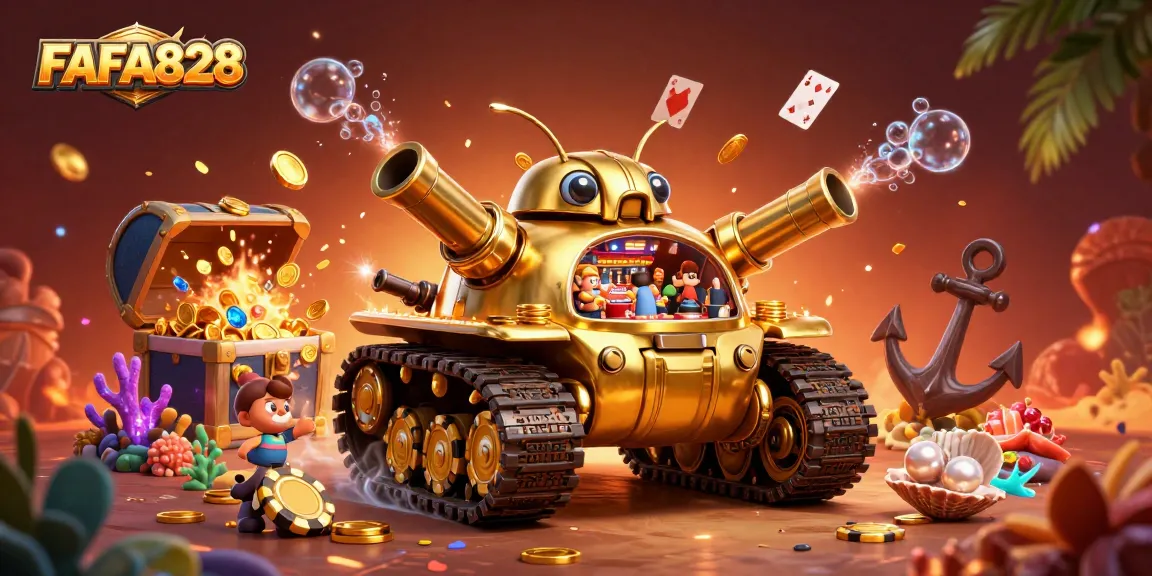 FAFA828's vibrant casino scene comes alive with a golden beetle tank and confetti cannon.