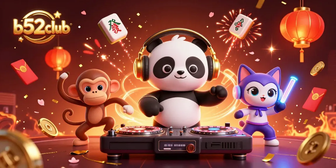 Experience the lively atmosphere of b52club with animated characters enjoying a vibrant casino party.