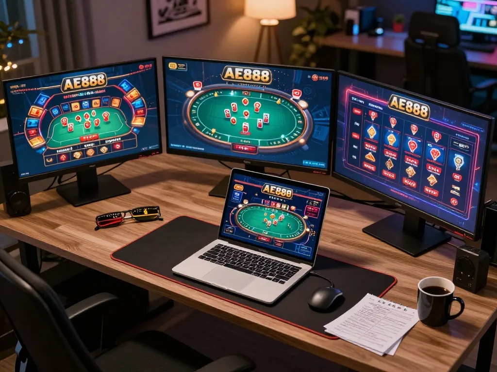Experience AE888 live poker action with multiple screens in a cozy gaming setup.