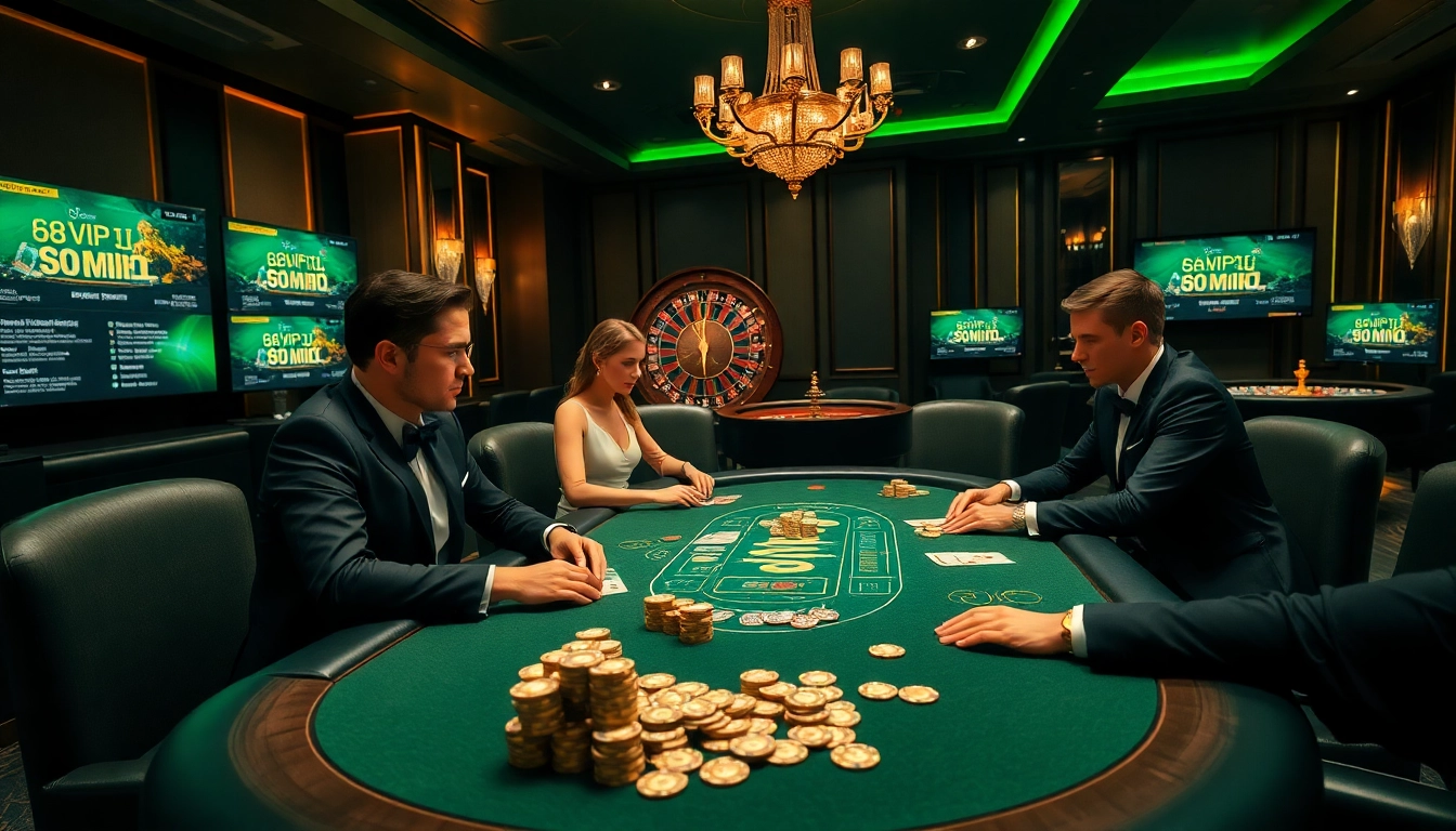 68VIP's thrilling poker game at a luxurious casino table with engaged players and professional atmosphere.