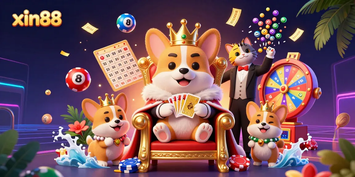 Exciting xin88 scene featuring a royal corgi on a poker chip throne with lottery elements bursting around.