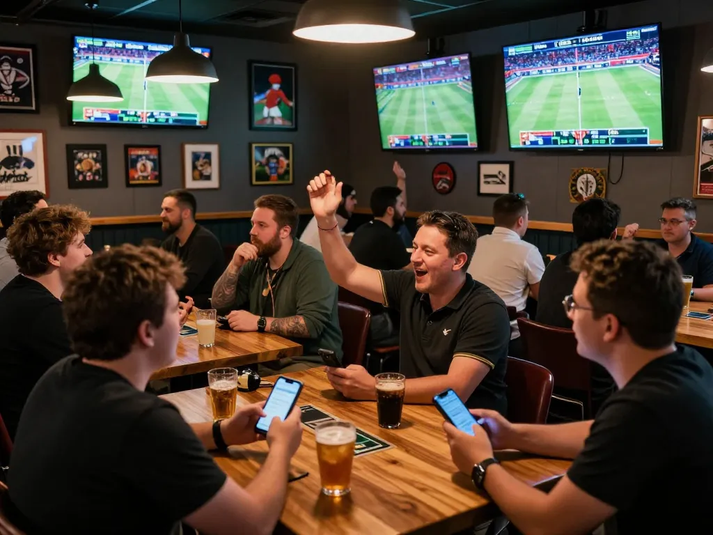 Engaged sports fans utilizing betting apps at a lively bar, showcasing xo88ez excitement and interactions.
