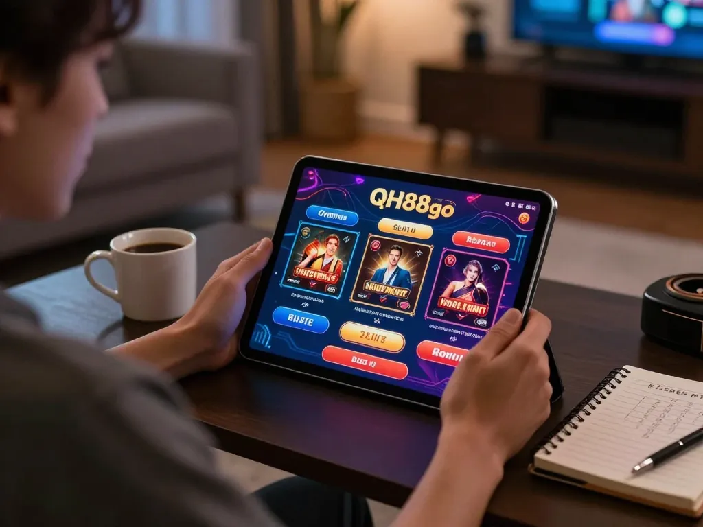 Engaging in online gambling on QH88go with a tablet, cozy home environment, and strategic notes.