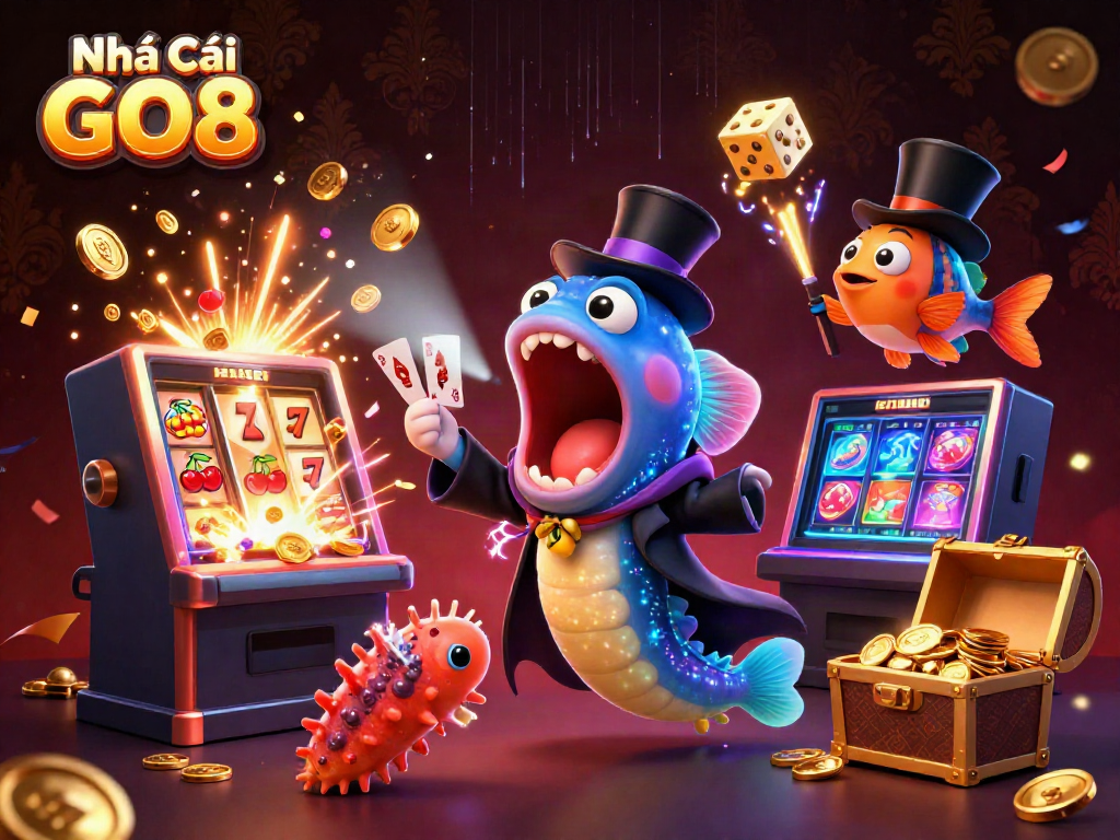 Engaging scene showcasing Nhà Cái GO8 with a cartoon gulper eel magician and vibrant casino elements.
