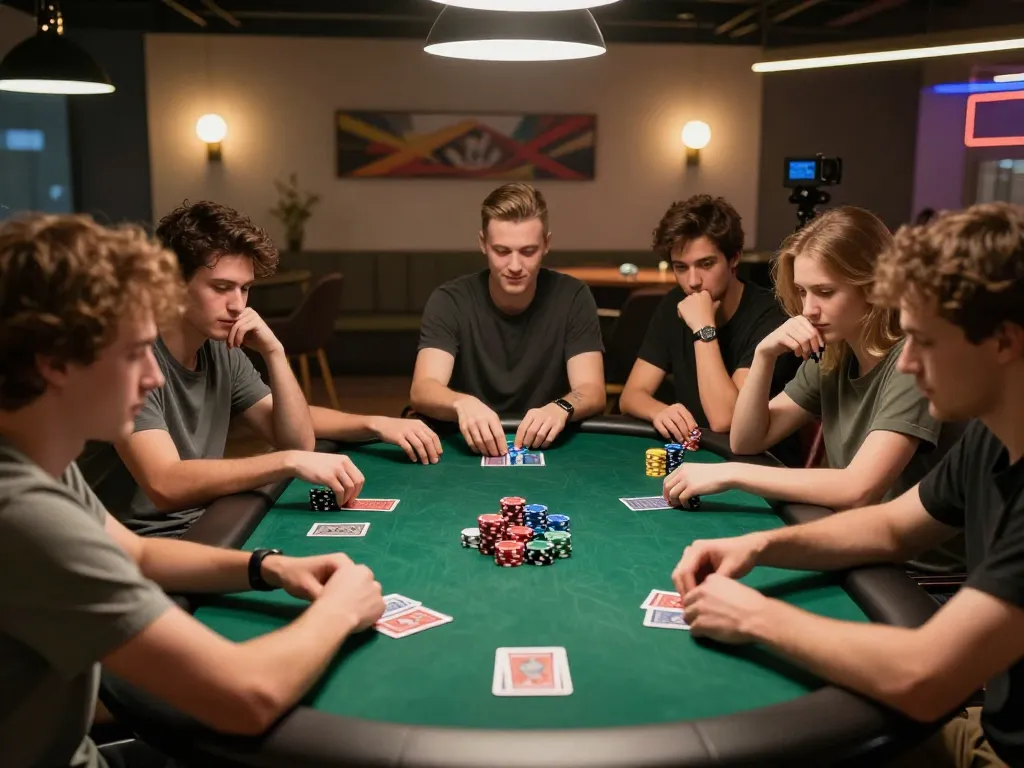 Friends playing poker in a cozy gaming room, showcasing the excitement of NOHU90 gaming.