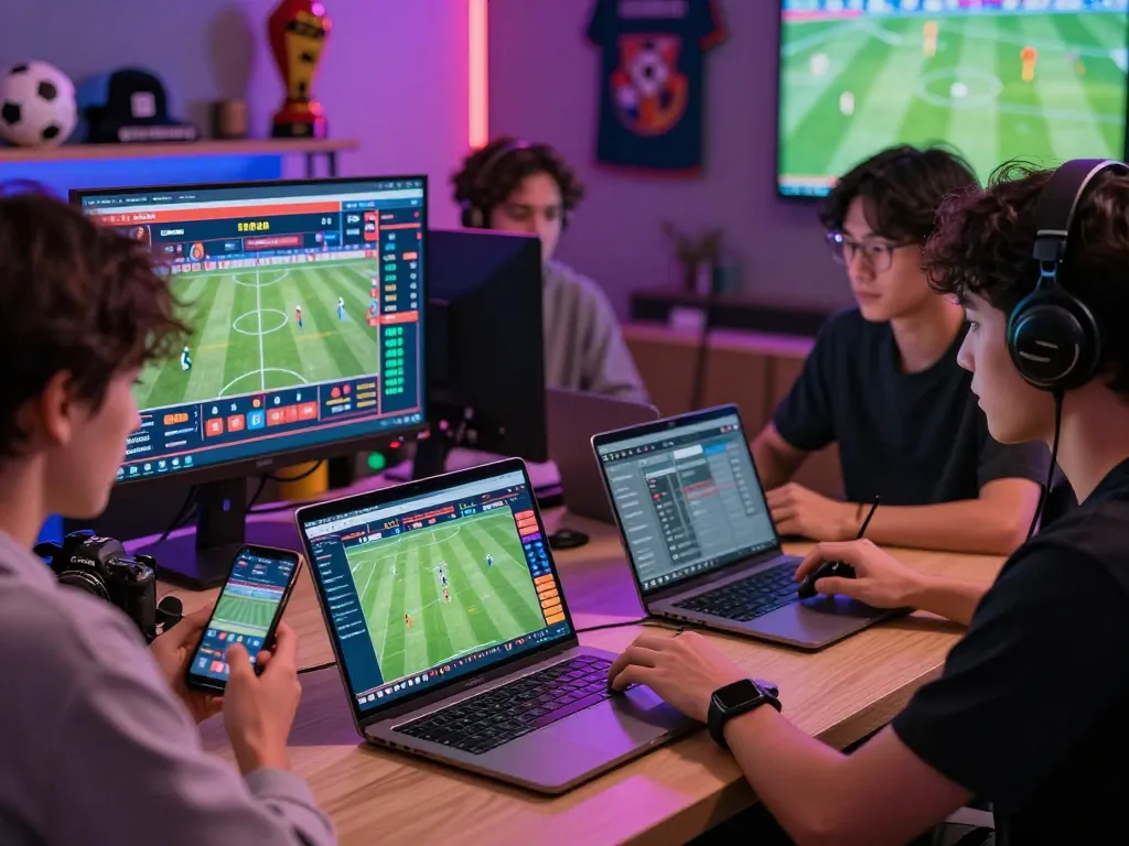 Cá độ bóng đá scene with young adults discussing online betting strategies and football match scores.