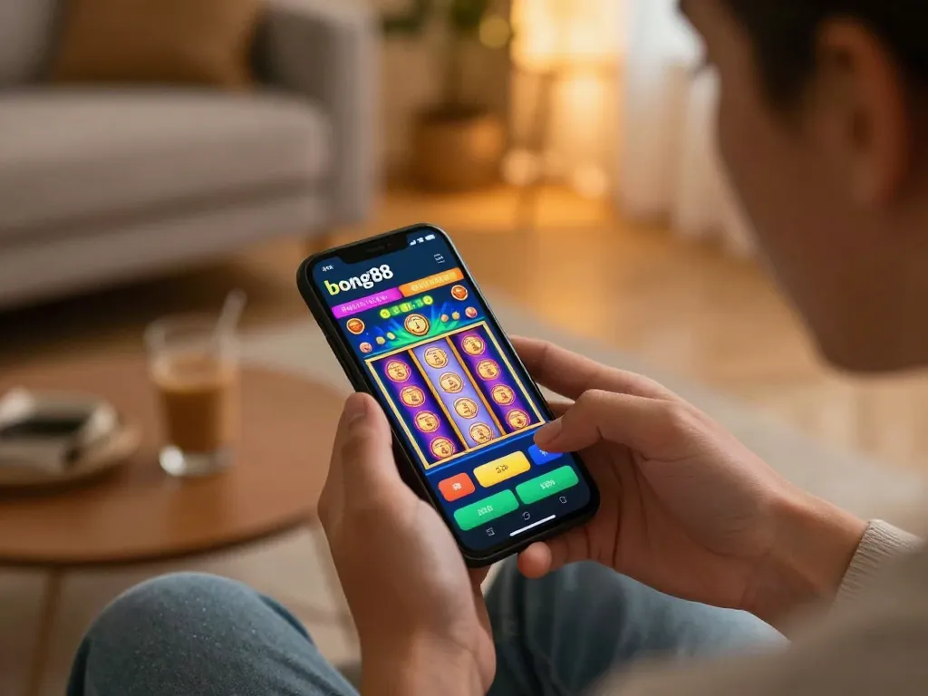 Bong88 user engaging with mobile app for an immersive online gameplay experience in a cozy setting