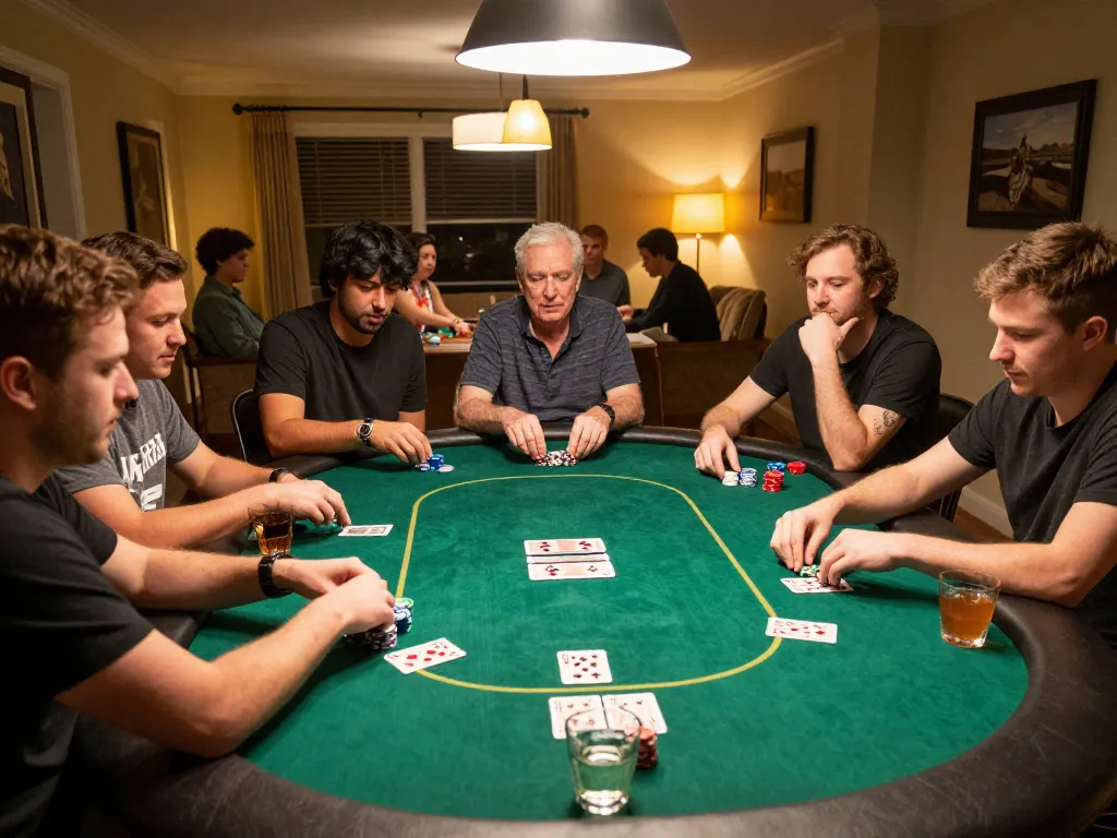 Players enjoying a lively poker game with VMAX gaming strategy, chips and cards visible on the green felt table.