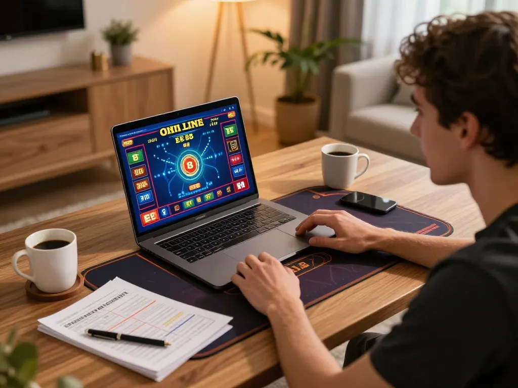 EE88 user engaging with online casino game interface on laptop in a cozy home setting.