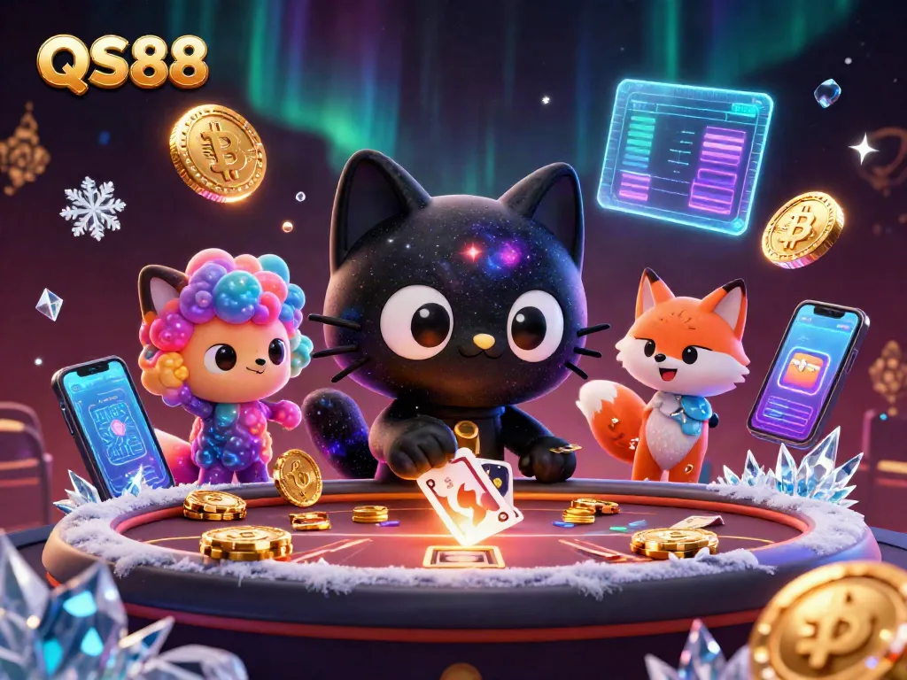 Engage with the vibrant QS88 casino universe as a cartoon black hole cat draws chips and cards.