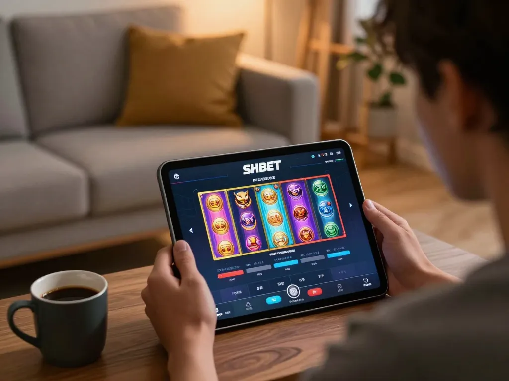 Player engaging with the SHBET app on a tablet in a cozy home setting, emphasizing responsible gaming.