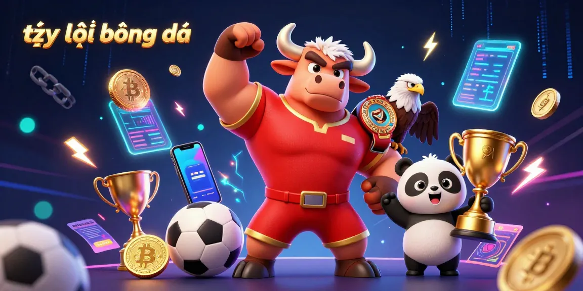 Bet on tỷ lệ bóng đá with dynamic sports elements and mascot characters celebrating victory.