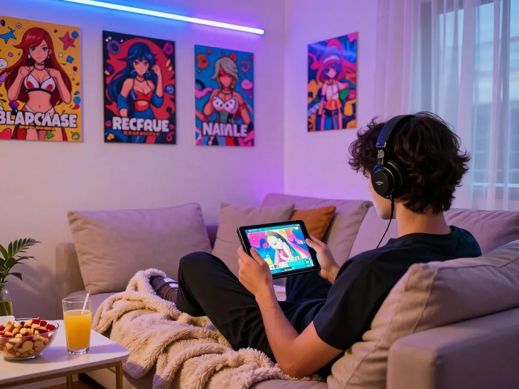 Engaging scene of a player enjoying porn games on a tablet in a cozy environment.