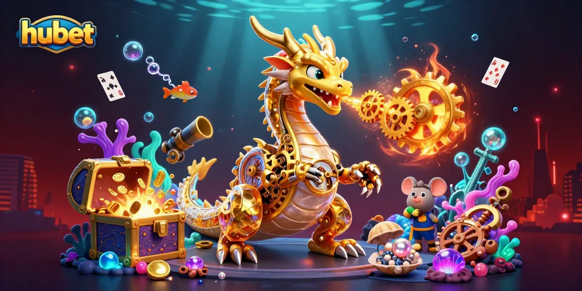 Experience thrilling wins at hubet with a golden dragon breathing cogs, surrounded by underwater treasures and casino elements.
