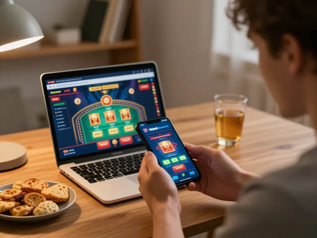 Engaging gameplay on the 789win app displayed on smartphone at home workstation, showing a relaxed gaming atmosphere