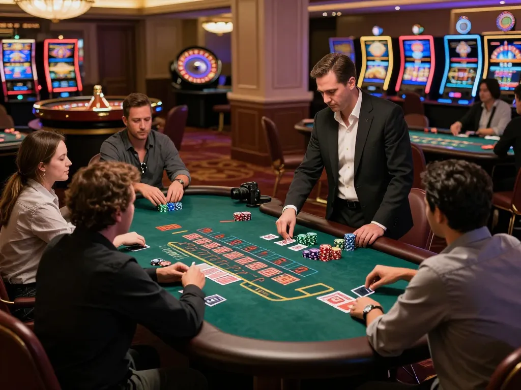 Players enjoy an exciting game of blackjack at 789club's vibrant live casino, with dealers and chips in action.