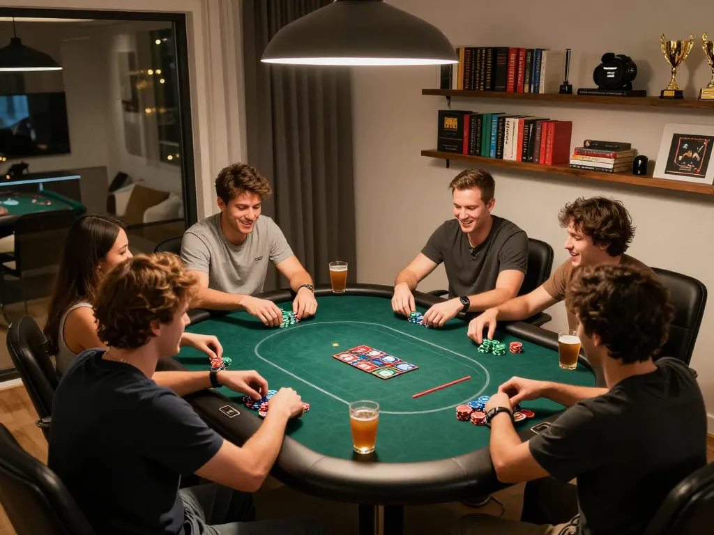 PH22 players enjoying a friendly poker game in a cozy home setting, revealing strategy and camaraderie.