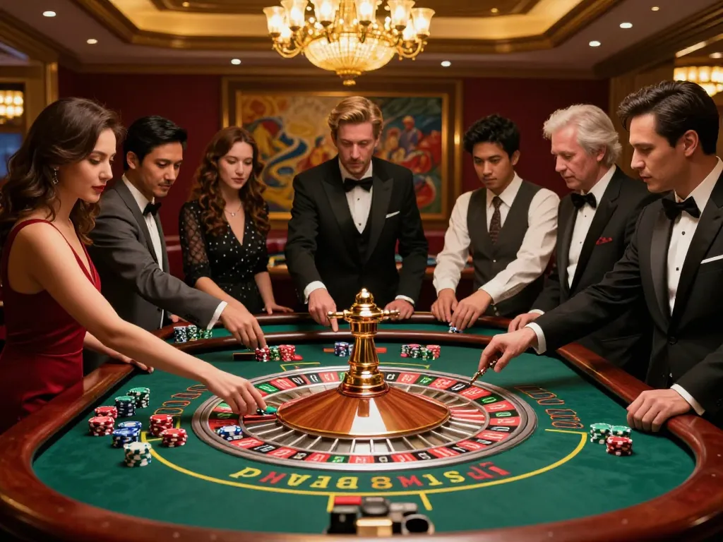 Sky88 players excitedly watching a roulette wheel spin in a luxurious casino setting.