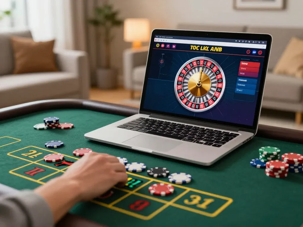 Playing live dealer roulette at TR88 online casino from a cozy home setting themed around responsible gambling.