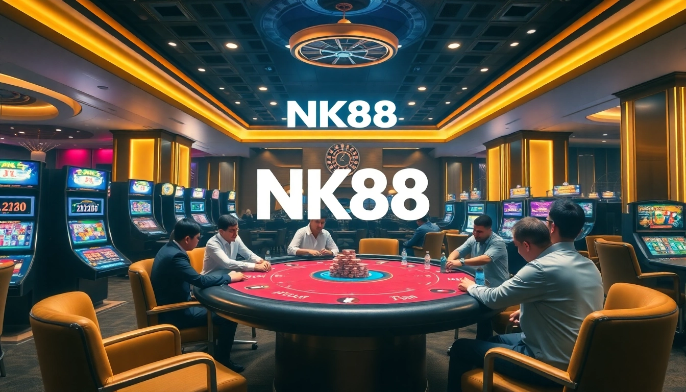 Engaged players enjoying a high-stakes game at NK88 casino with vibrant slot machines.