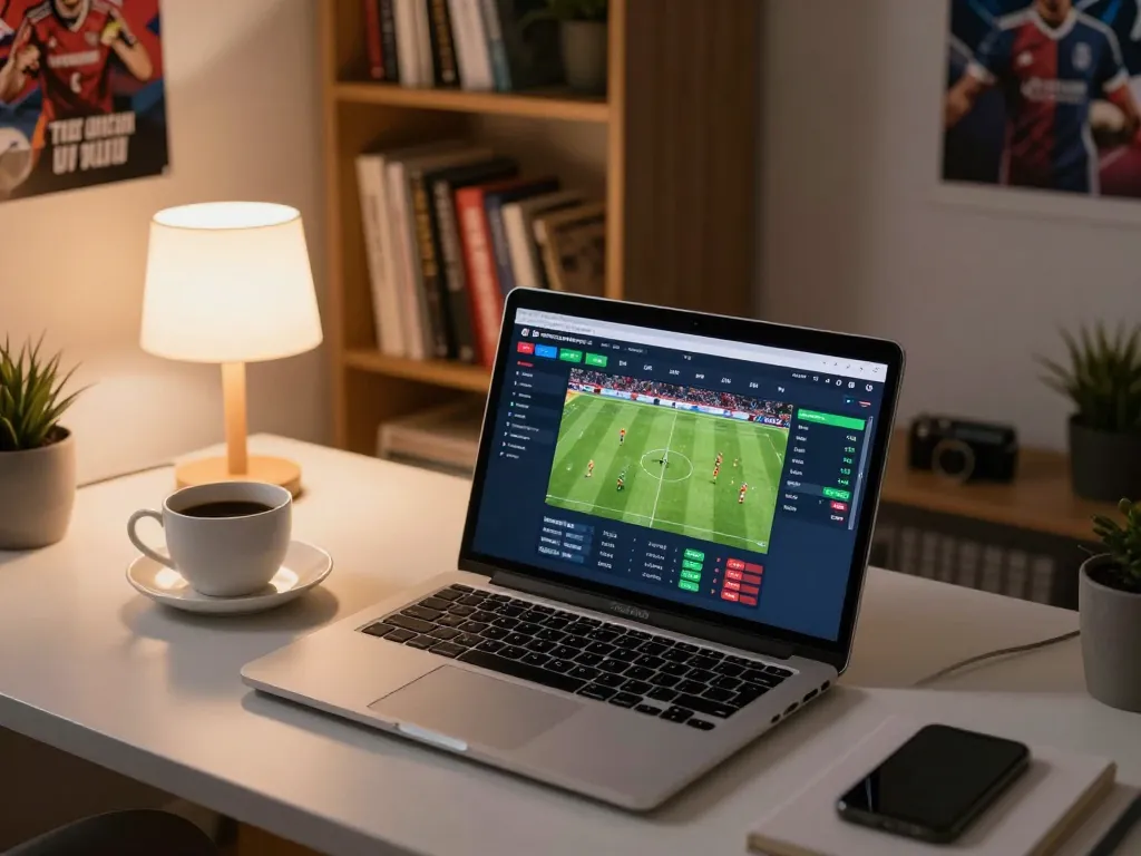 Engaged bettor analyzing kèo nhà cái on laptop during live sports event