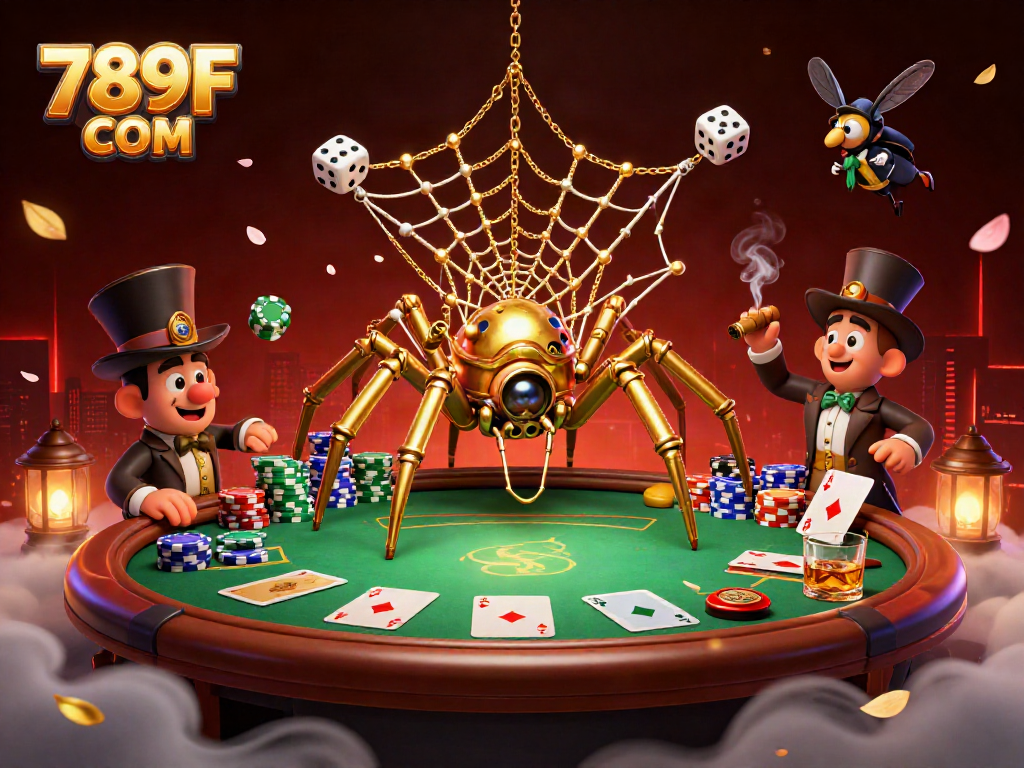 Experience thrilling gameplay with 789F COM as a golden spider weaves a winning web of luck and excitement around iconic gambling elements.