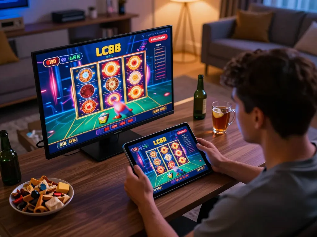 Player engaging with the LC88 casino app on a tablet, showcasing interactive online gambling at home.