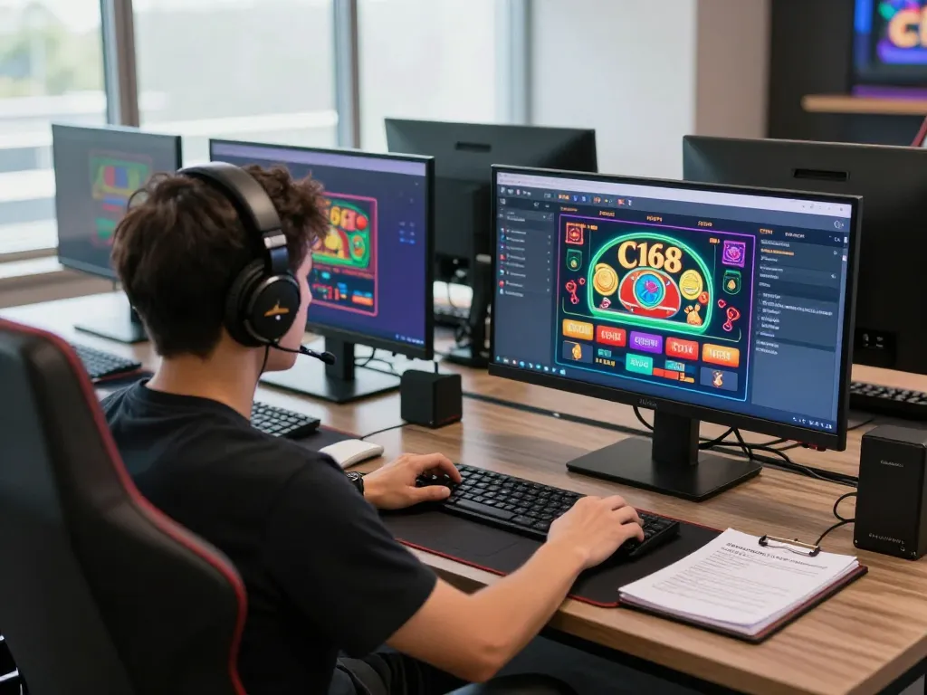 C168 online gaming interface displayed on multiple screens with strategic notes nearby