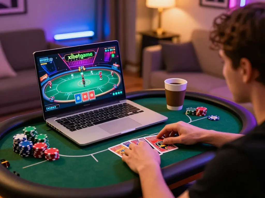 xibetgame player engaged in a live poker game, showcasing cards and chips at a colorful online setup.