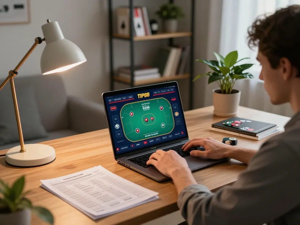 Engaging player strategizing in online poker at home, showcasing TIP88 gaming focus.