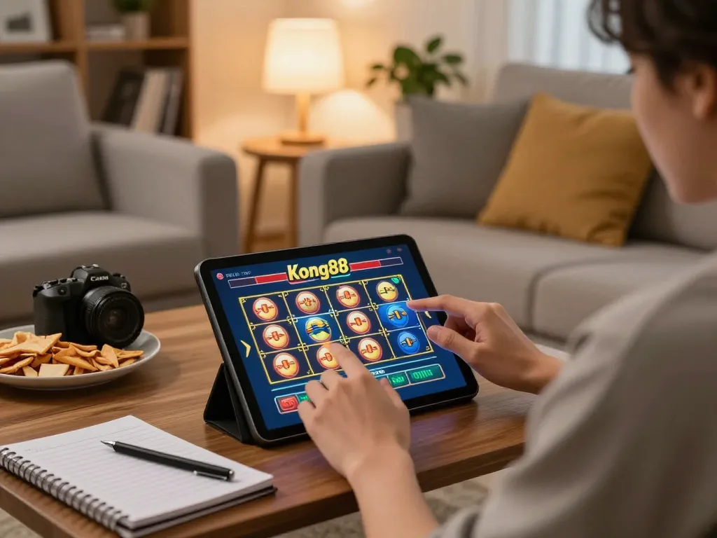 Engaged player using kong88 slots app on tablet in a cozy home setting, embodying relaxed responsible gambling.