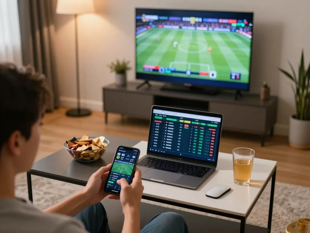 NK88 player engaging in live betting from home using a smartphone with sports on TV.