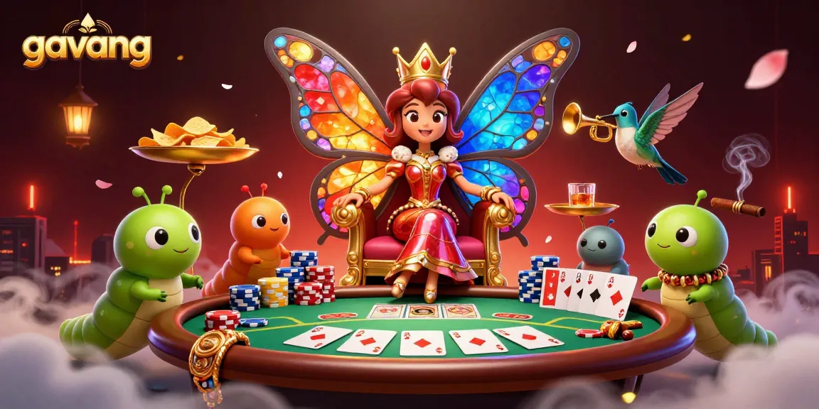 Experience the vibrant casino atmosphere with the dynamic gavang scene of a butterfly queen, poker elements, and rich details.