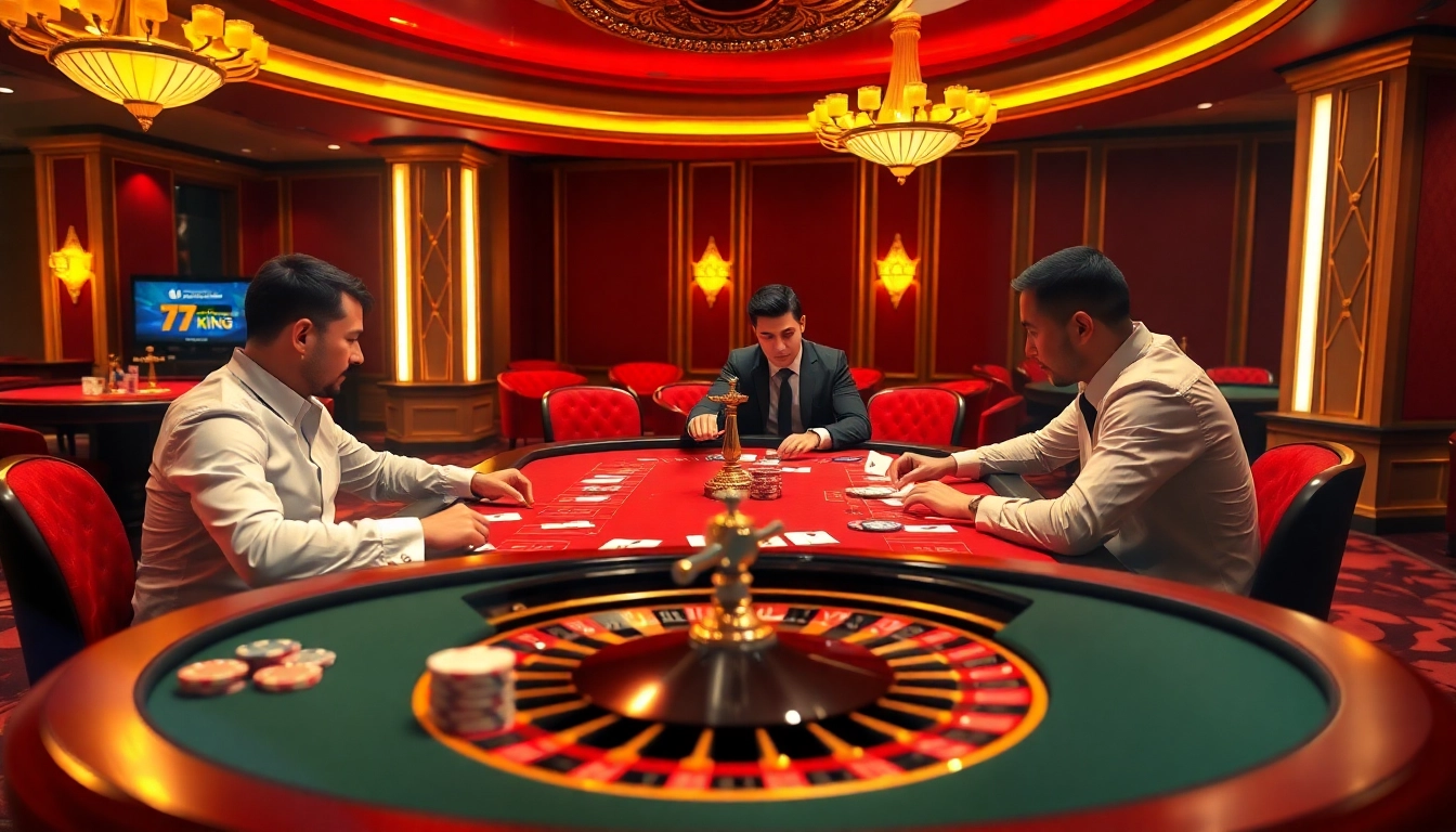 Engaging players in a poker game at nhà cái 79king, showcasing excitement and professionalism in a luxurious casino.