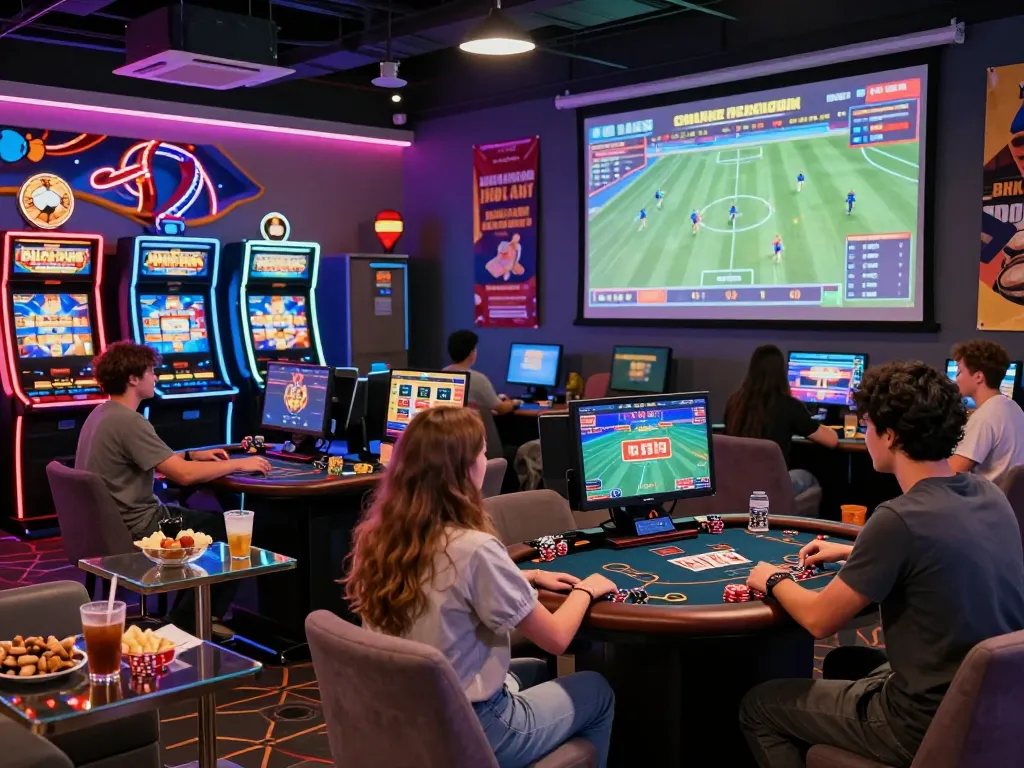 Exciting BK8 online casino gaming scene with friends enjoying sports betting and slot machines.