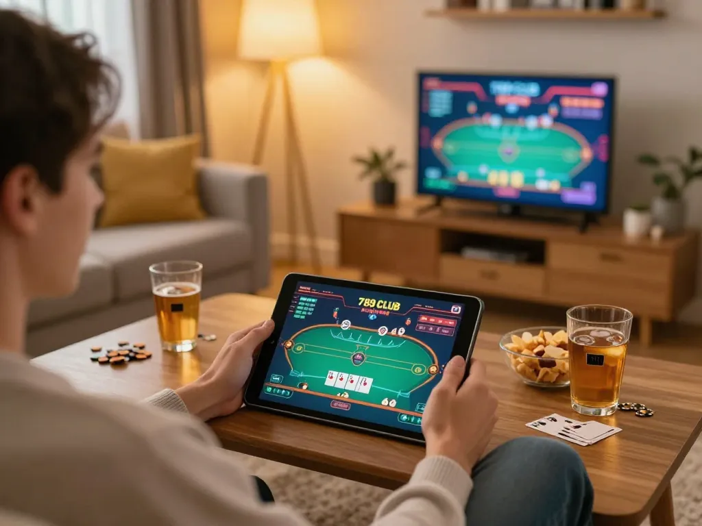 Player engaged in a thrilling game with 789 Club on a tablet in a cozy home setting