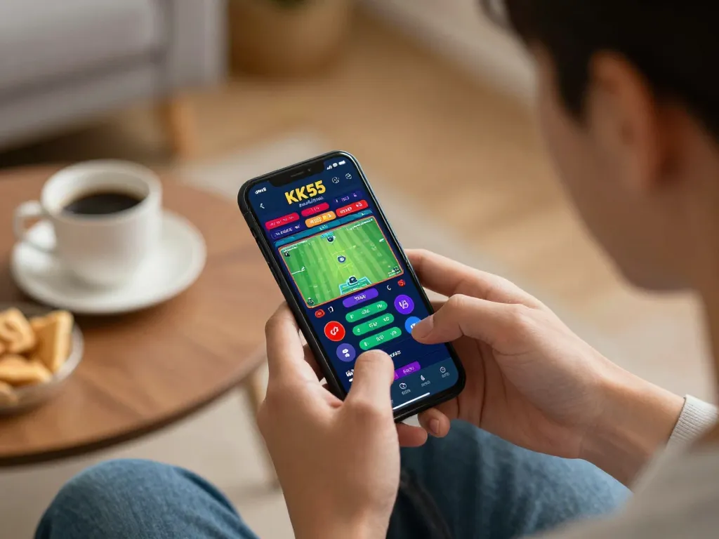 Mobile gambling on the KK55 app, showing sports betting excitement in a cozy living room setting.