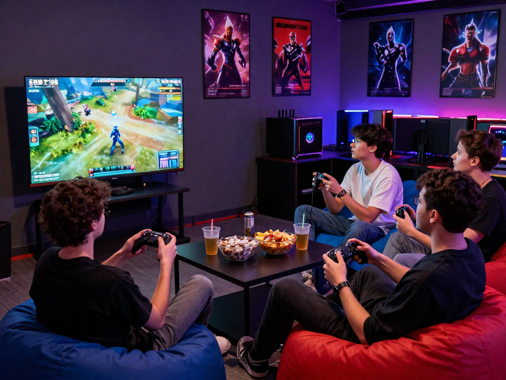 KOMBET168 gaming friends enjoying esports in a vibrant lounge