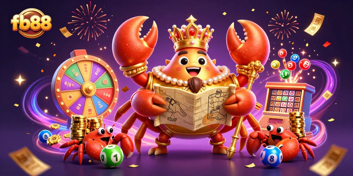 Engage with fb88's thrilling gambling scene featuring a golden crab emperor surrounded by vibrant game elements.