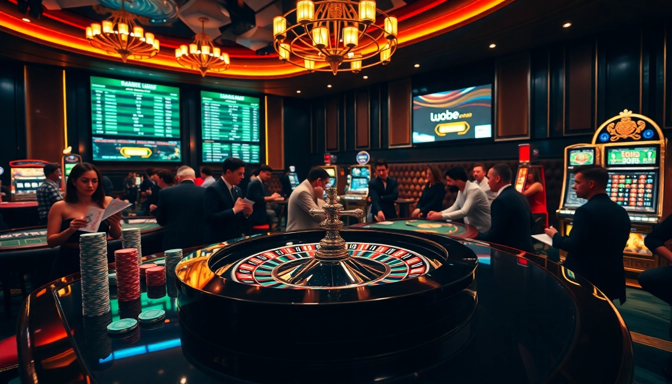 Players enjoying table games and slots at https://lu88.soccer/ with a luxurious ambiance.
