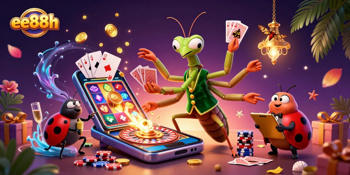 Experience the excitement of ee88h with a vibrant casino scene featuring a giant mantis dealer and colorful game elements.