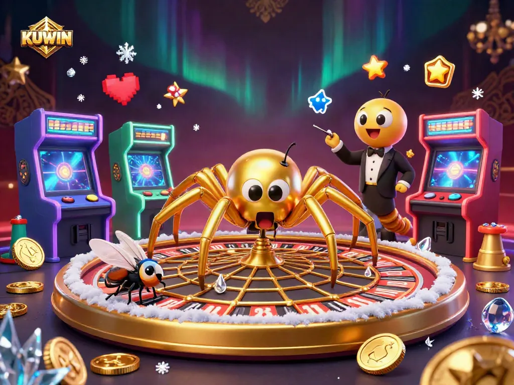 Engage with KUWIN in a vibrant casino-themed illustration showcasing exciting games and colorful characters.
