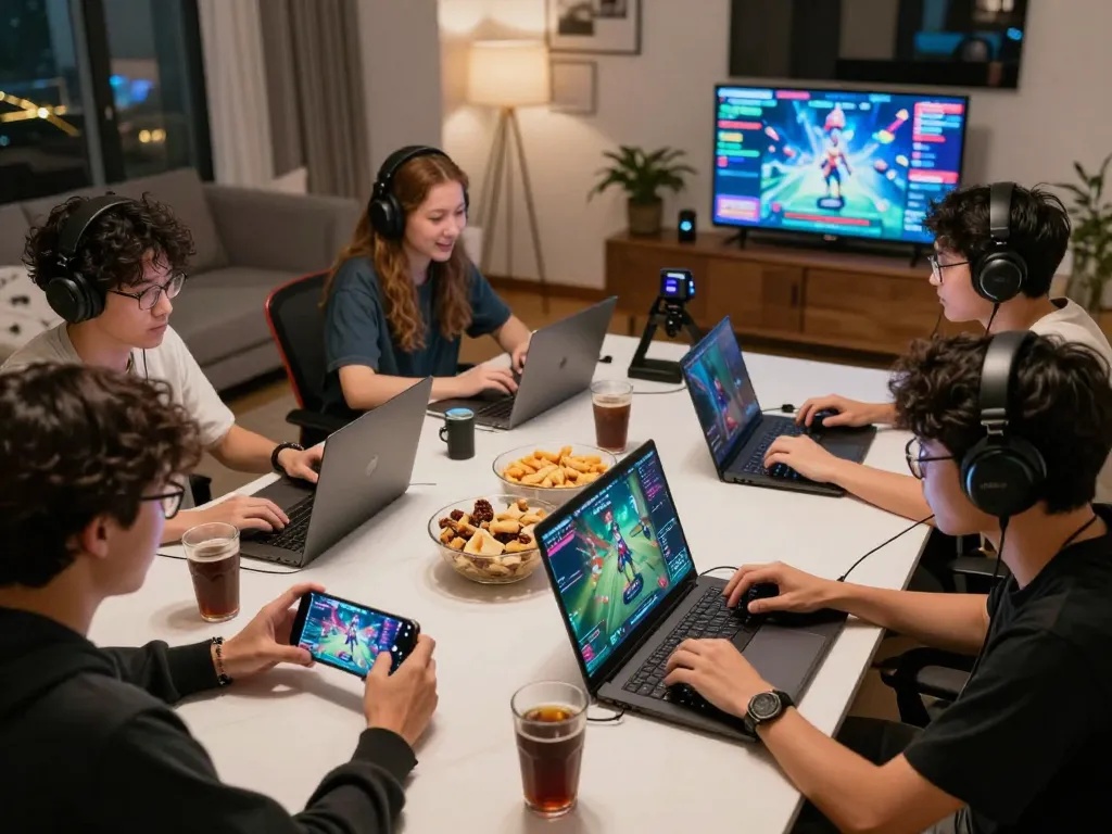 Engaging group playing games at home, tải sunwin app on devices, vibrant online gaming atmosphere.