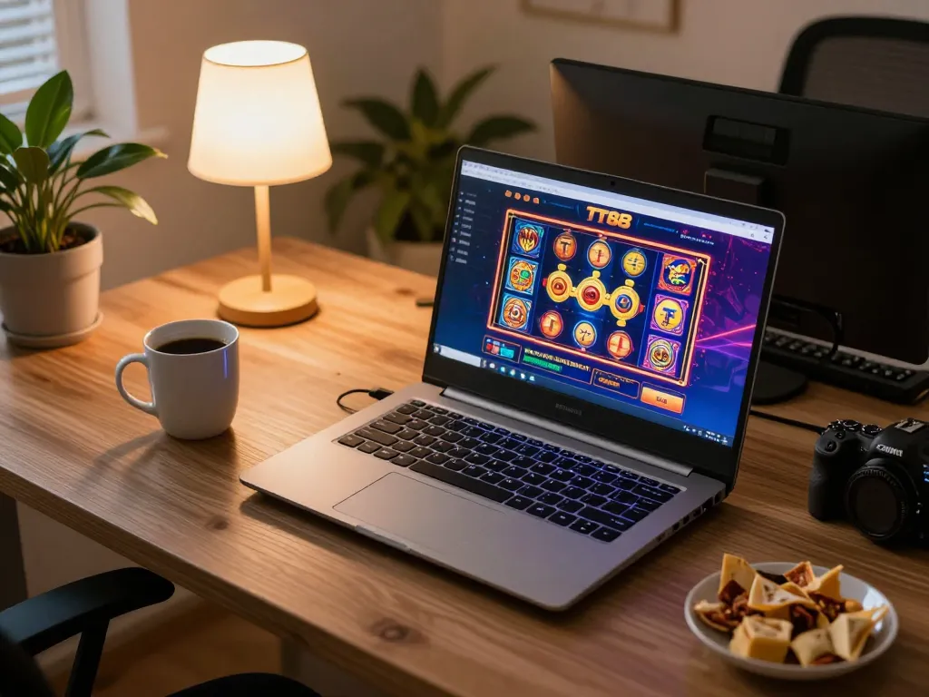 Experience interactive TT88 gaming with a colorful online interface, snacks, and cozy atmosphere.