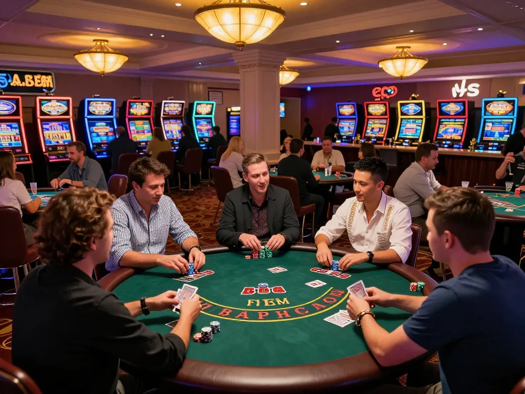 Players enjoying games at a lively casino floor, showcasing strategic winning moments in uk88s.