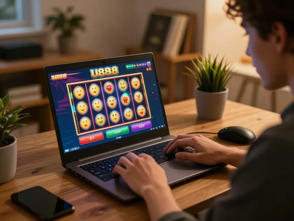 Player engaging with U888 online slots in cozy home office, showcasing vibrant gaming excitement and strategic play.