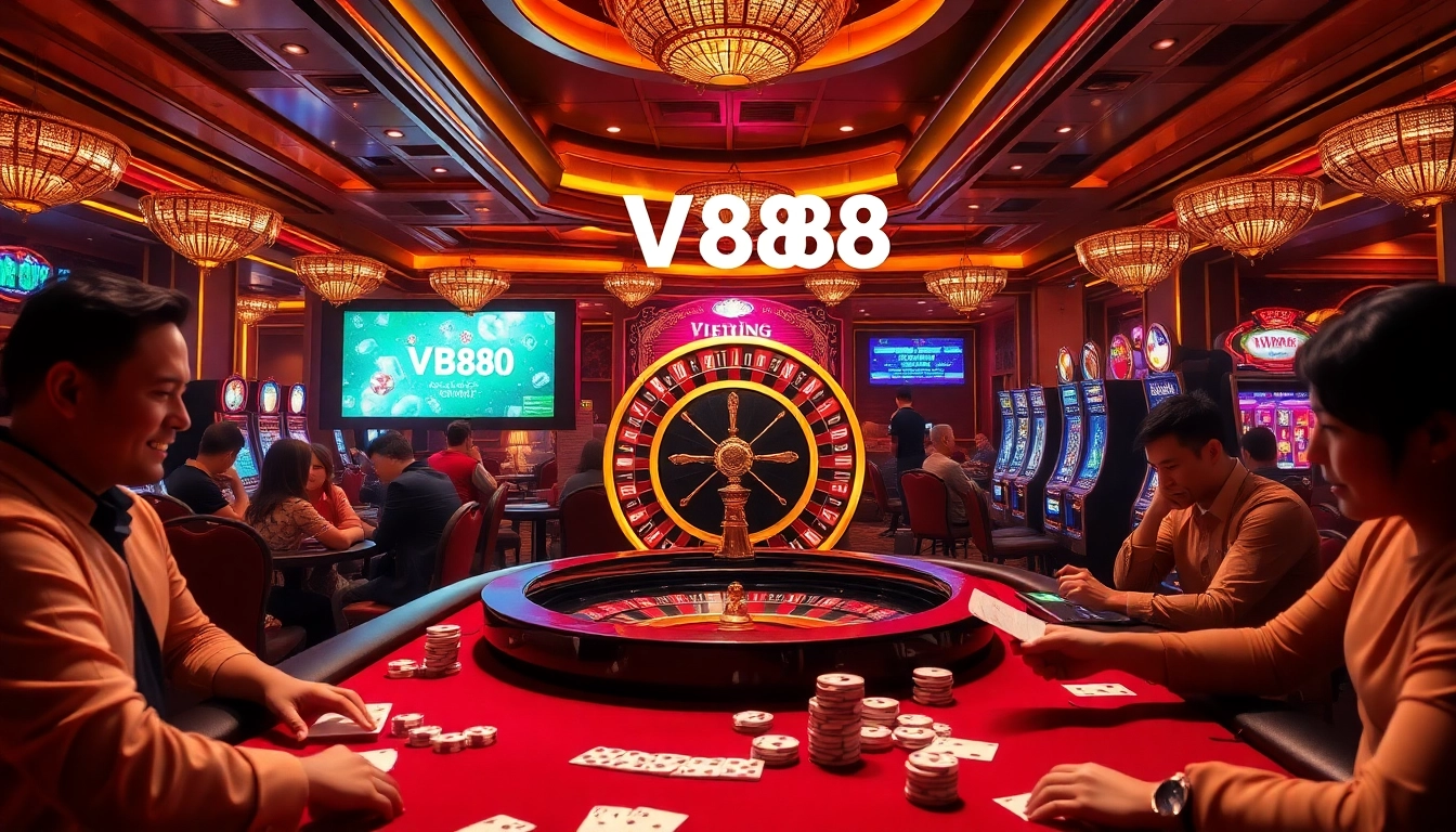 Gambling scene showcasing VB888 excitement with poker players, roulette, and vibrant slot machines.