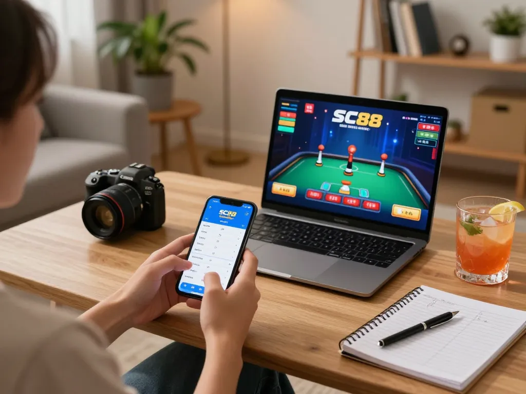 Engaging with the Trang chủ SC88 mobile app in a cozy gaming setup, showcasing strategic online gambling.